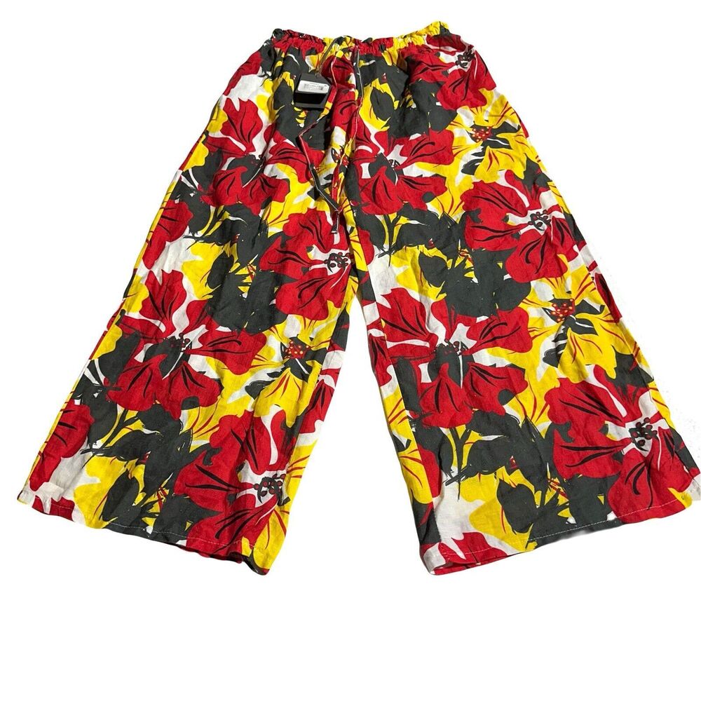 JM Collection Women Floral Wide Leg Pants XL Colorful Linen Blend Cropped NWT